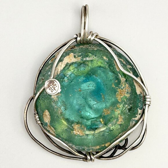 Artisan 925 Sterling Silver Wrapped Sea Glass and Abalone Backed Pendant - Picture 1 of 11
